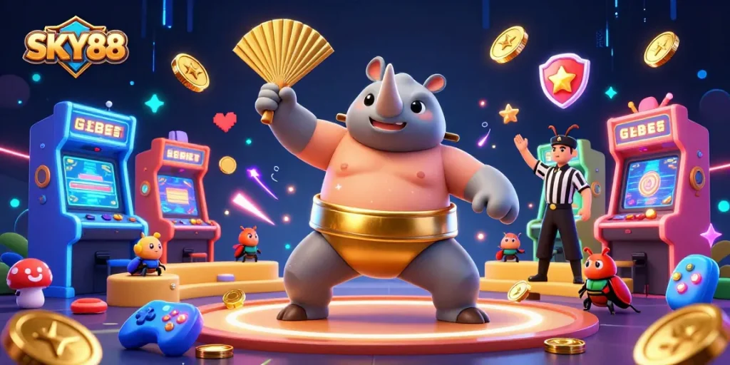 Experience thrilling wins at SKY88 with a dynamic gaming scene featuring a powerful beetle champion.