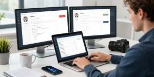 Phone number lookup in a modern office with caller details and UK area codes.