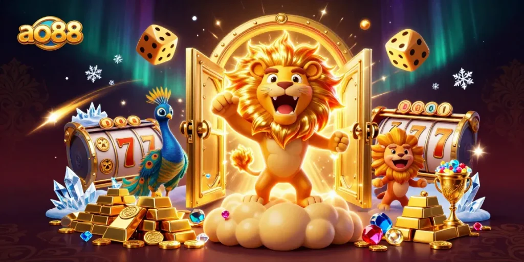 Spin and win at ao88 with a vibrant scene of a 3D cartoon sun lion and dynamic casino elements.