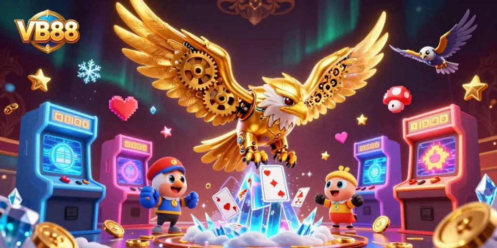 Experience VB88 action with a golden eagle soaring through an arcade-casino fusion scene.
