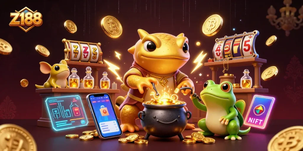 Engage with z188’s vibrant casino experience featuring a golden salamander alchemist and crypto elements.
