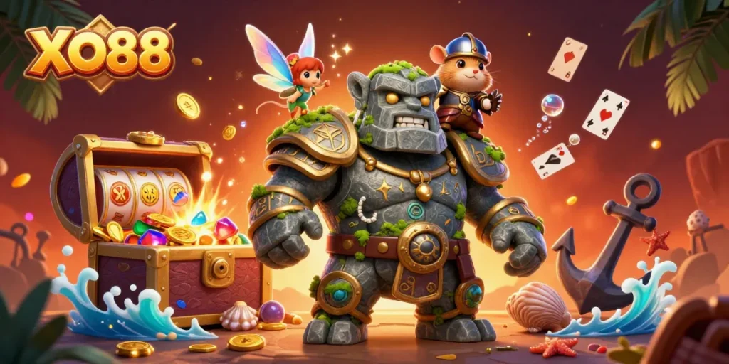 Experience the vibrant magic of XO88 with a golem guardian and mystical elements in this animated casino scene.