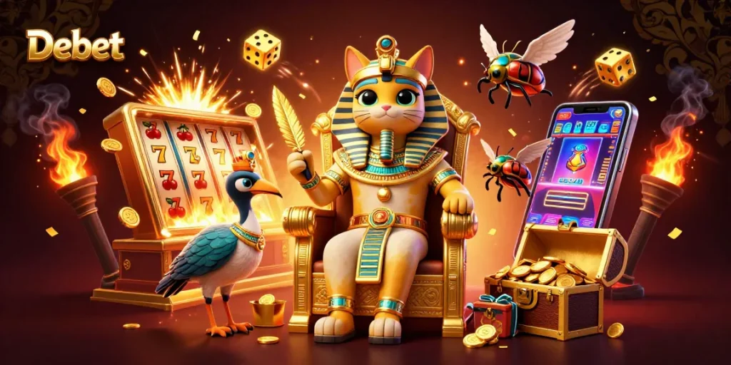 Experience the thrilling Debet gaming scene with a pharaoh cat and a slot machine in action!