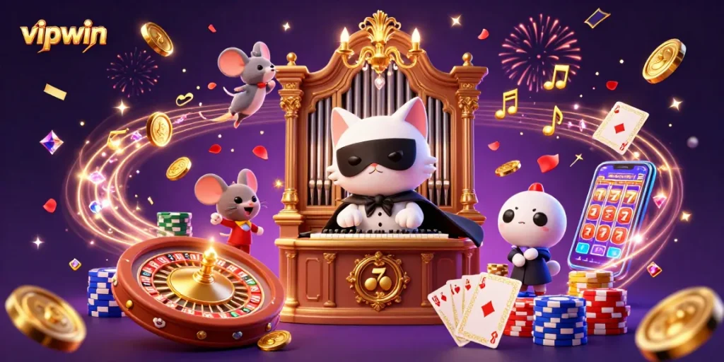 Experience thrilling games with vipwin, featuring an exciting casino scene filled with action, characters, and vibrant elements.