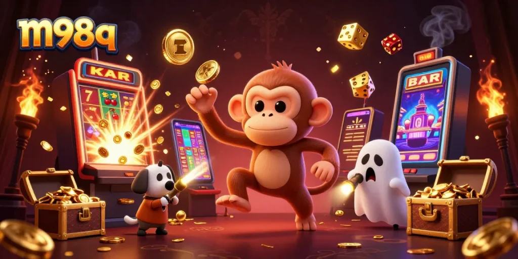 Experience m98 q excitement with an interactive haunted casino scene featuring a playful monkey and ghost-hunter puppy.