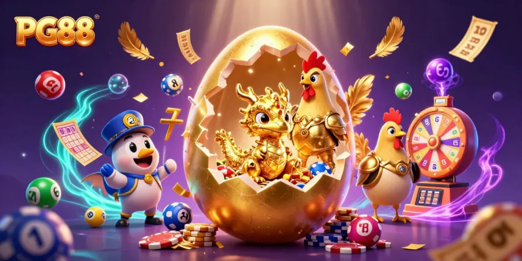 Engage with PG88's thrilling gaming ecosystem, showcasing a golden dragon, poker chips, and dynamic lottery elements.
