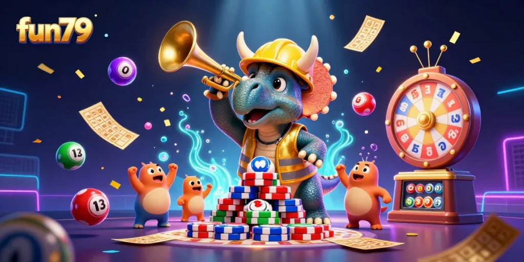 Experience fun79 with a vibrant 3D casino celebration featuring animated characters and exciting game elements.