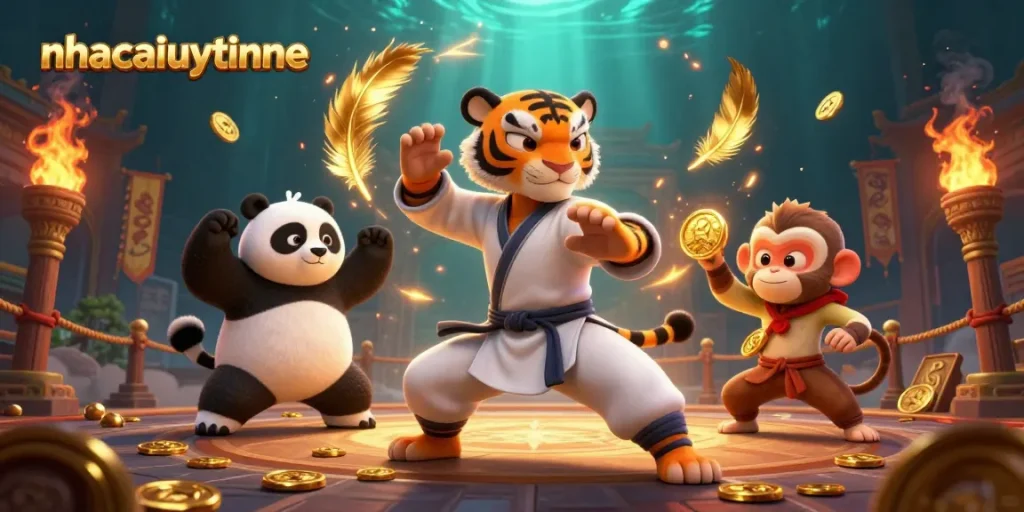 nhacaiuytinne showcases a kung fu tiger master, panda disciple, and monkey student amid gold coins and betting tokens.
