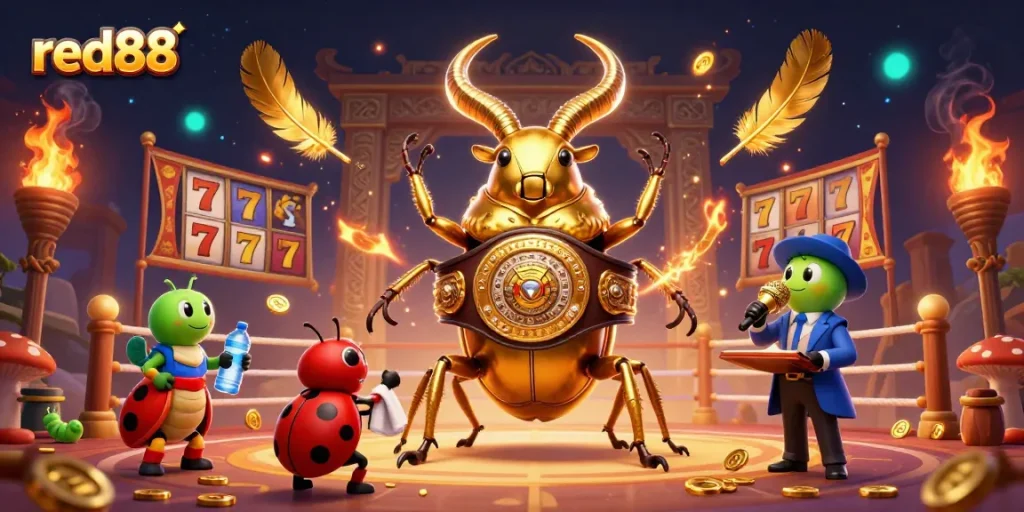 Bet on red88 with a dynamic 3D scene featuring a golden stag beetle boxing champion and slot reels.