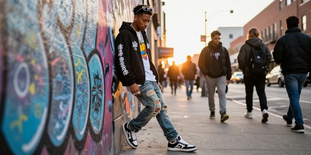 Stylish individual wearing Chrome Hearts hoodie and accessories in urban street setting.