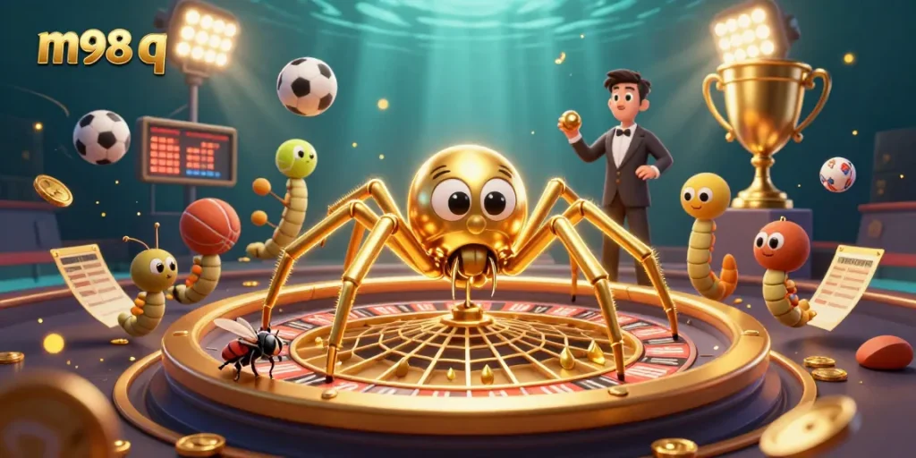 Betting with m98 q in a vibrant casino scene featuring a spider and a fly among sports elements.