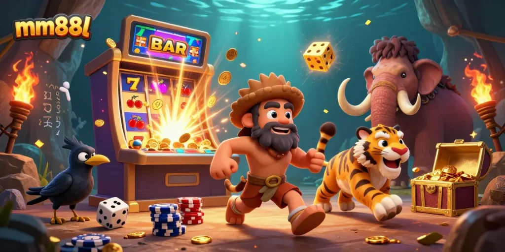 Experience the thrill of mm88l with a dynamic casino scene featuring prehistoric characters and exciting game elements.