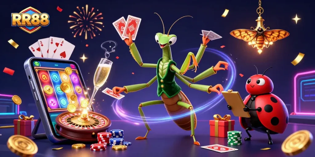 Experience dynamic gameplay at RR88 with immersive casino characters and festive elements.