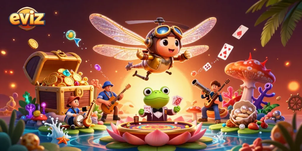 Engage with eviz at a vibrant underwater casino, featuring a dragonfly pilot and frog croupier in action.