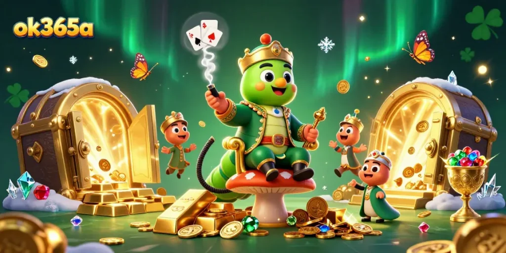 Experience thrilling gaming with ok365a's vibrant 3D illustration featuring poker elements and treasures.