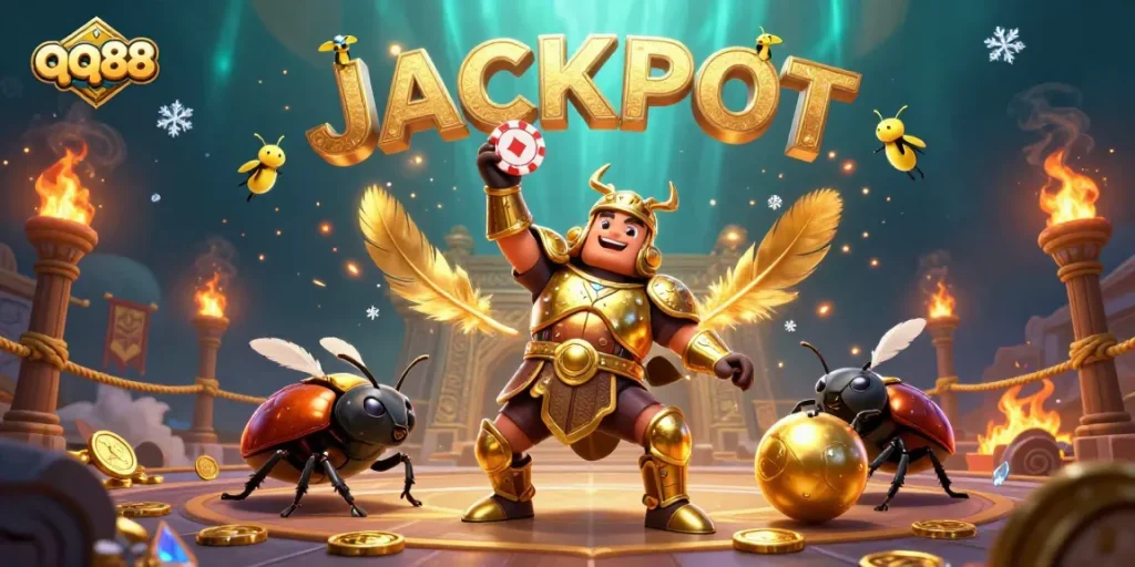 qq88 illuminates the jackpot atmosphere with hercules beetle in victory, vibrant 3D illustration