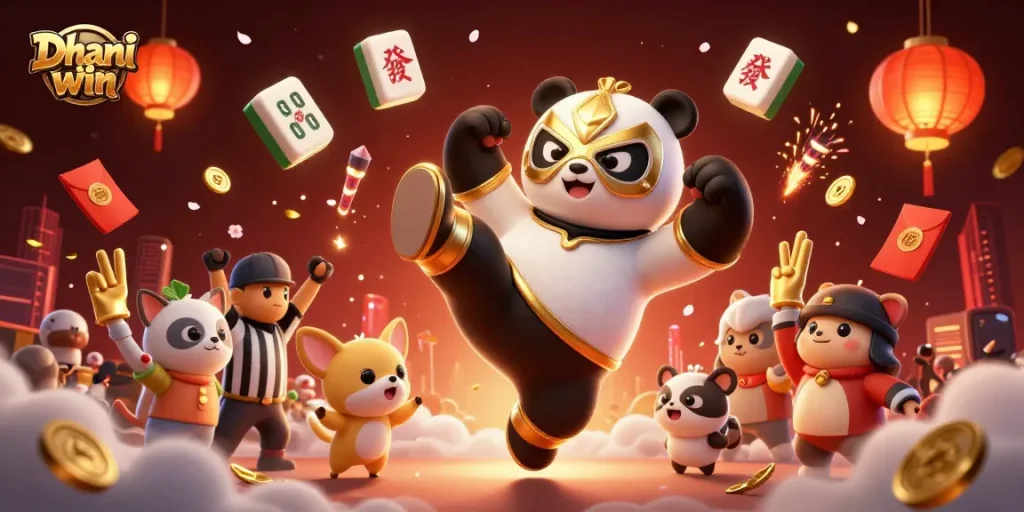 The Dhani win scene features a panda wrestler flying kick amid a vibrant casino celebration.
