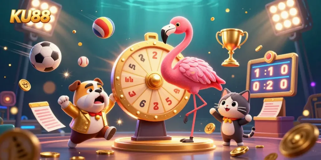 Engage in thrilling gaming with KU88, the dynamic prize wheel and vibrant sports elements.