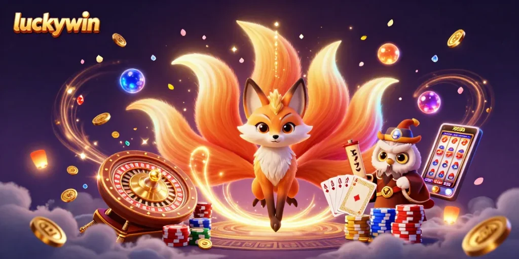 Experience thrilling wins at Luckywin with vibrant characters, coins, and casino elements.