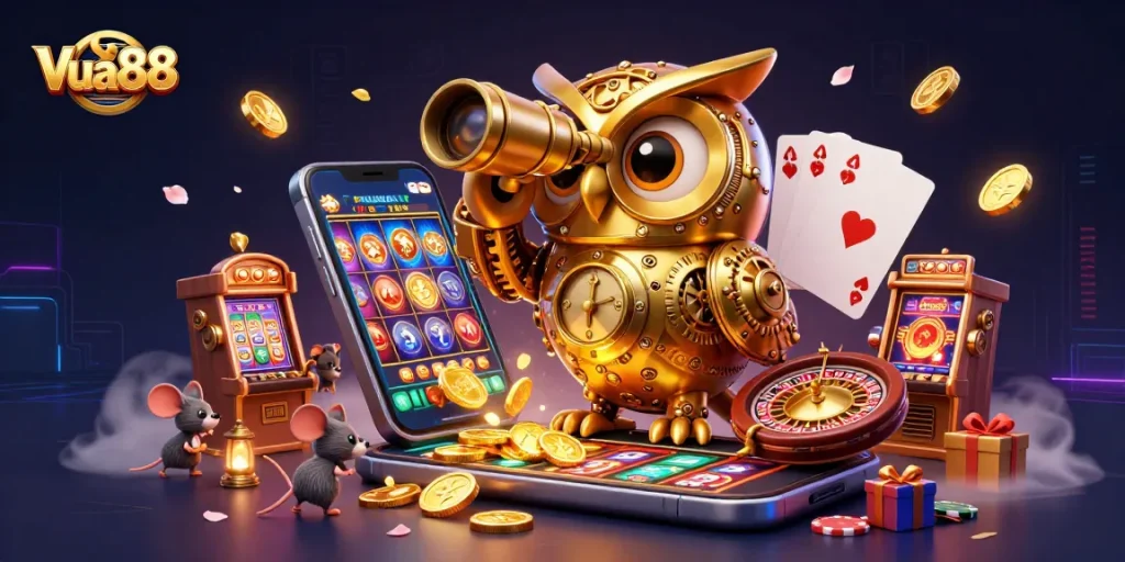 Engage with Vua88's dynamic gaming world, featuring a whimsical 3D scene filled with gambling elements.