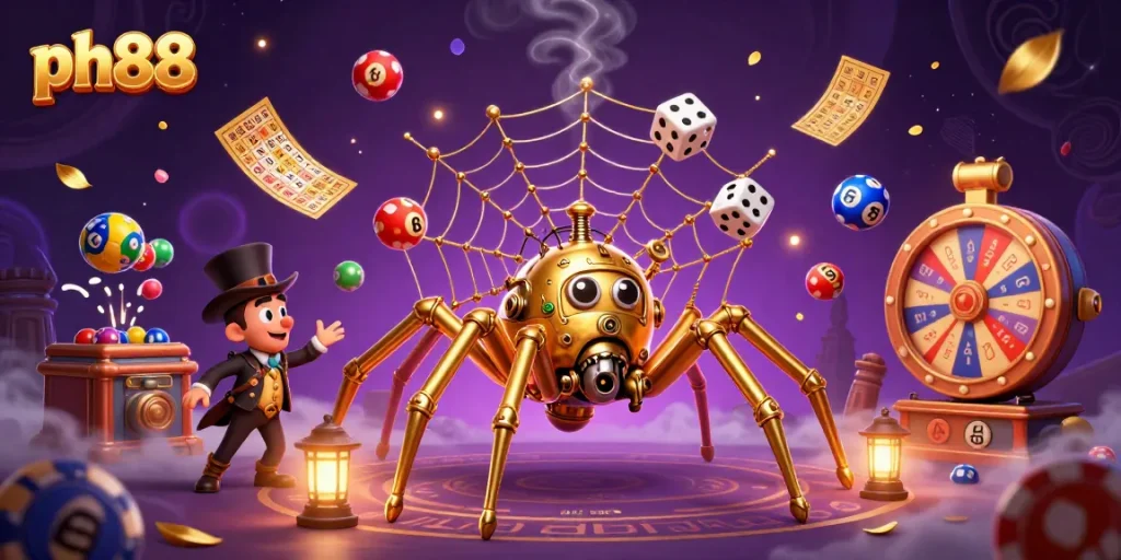 Experience thrilling gaming at ph88 with a vibrant 3D illustration showcasing dynamic lottery and casino elements.