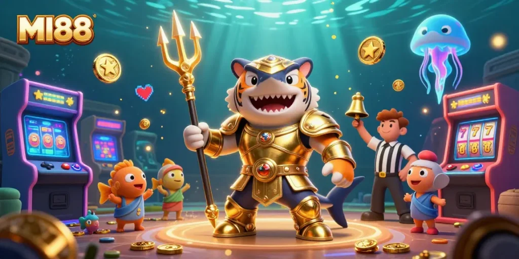 Experience the excitement of MI88's vibrant underwater casino with a shark gladiator and thrilling game elements.