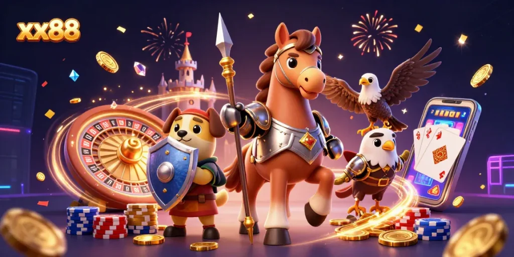 Engage with exciting xx88 gaming moments as a knight, puppy, and falcon amidst coins and cards.