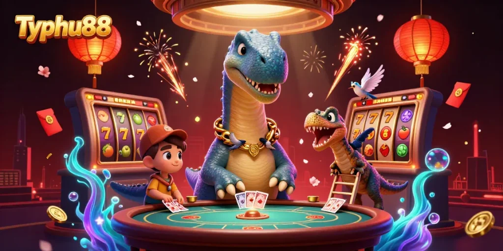 Engage in thrilling gameplay with Typhu88 at a lively casino table filled with vibrant characters and elements.