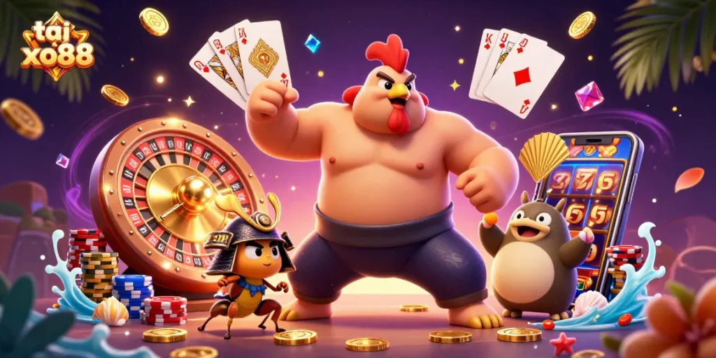 Experience the thrill of tại xo88 with a dynamic casino scene featuring a sumo wrestler rooster, a samurai cricket, and a tanuki announcer.