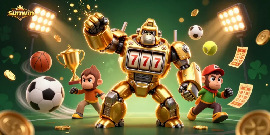 Engage with sunwin's thrilling gaming action featuring a dynamic golden gorilla mech amidst vibrant sports elements.