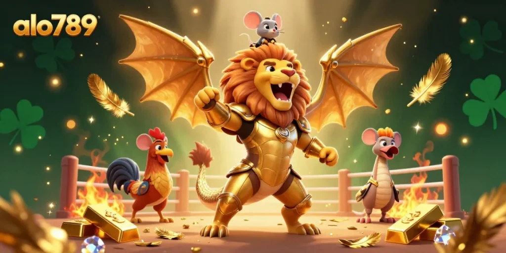 Experience the thrill of cockfighting at alo789, showcasing golden treasures and a fierce chimera in action.