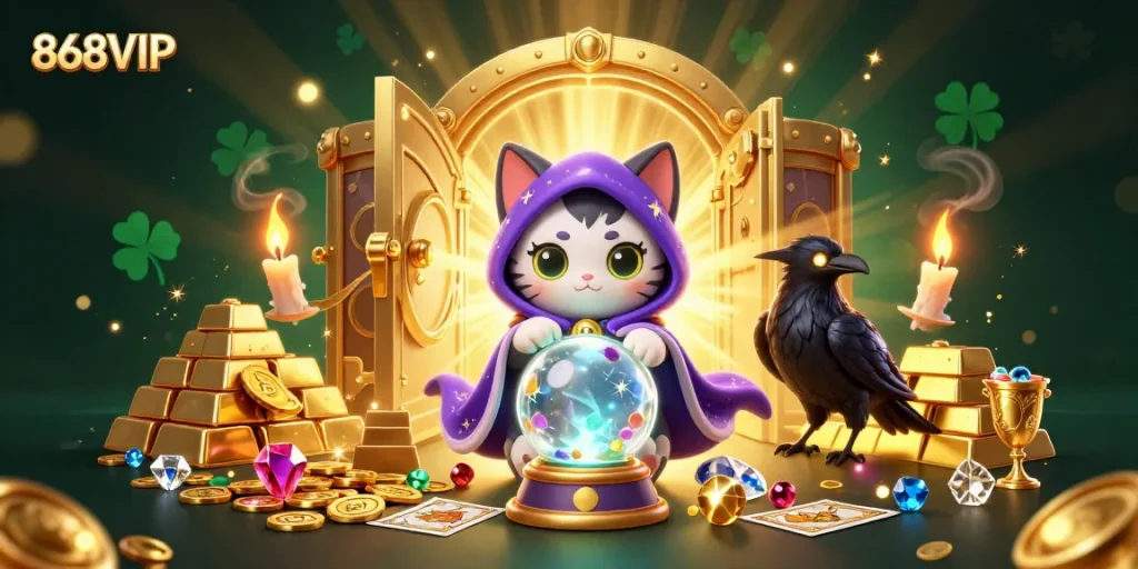 Engage with 868VIP featuring a mystic fortune teller cat, tarot raven, and dazzling treasures in a vibrant casino scene.
