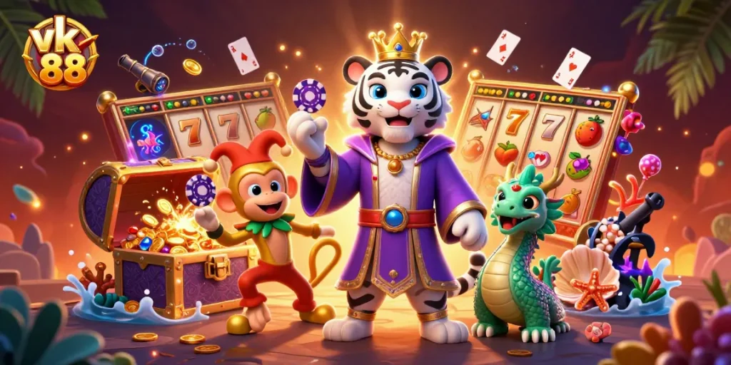 Experience vk 88 with exciting slot reels, golden characters, and vibrant casino elements.