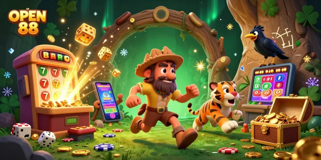 Engage with fun and exciting gaming experiences at OPEN 88 in a vibrant casino-themed illustration.
