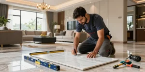 مقاول سيراميك باكستاني يقوم بتركيب بلاط فاخر في غرفة معيشة أنيقة بتصميم عصري.
