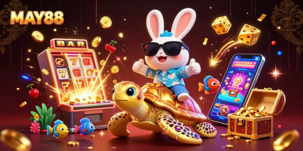 Join MAY88 in an exciting jackpot rush with a lucky rabbit and golden turtle in this vibrant casino scene.
