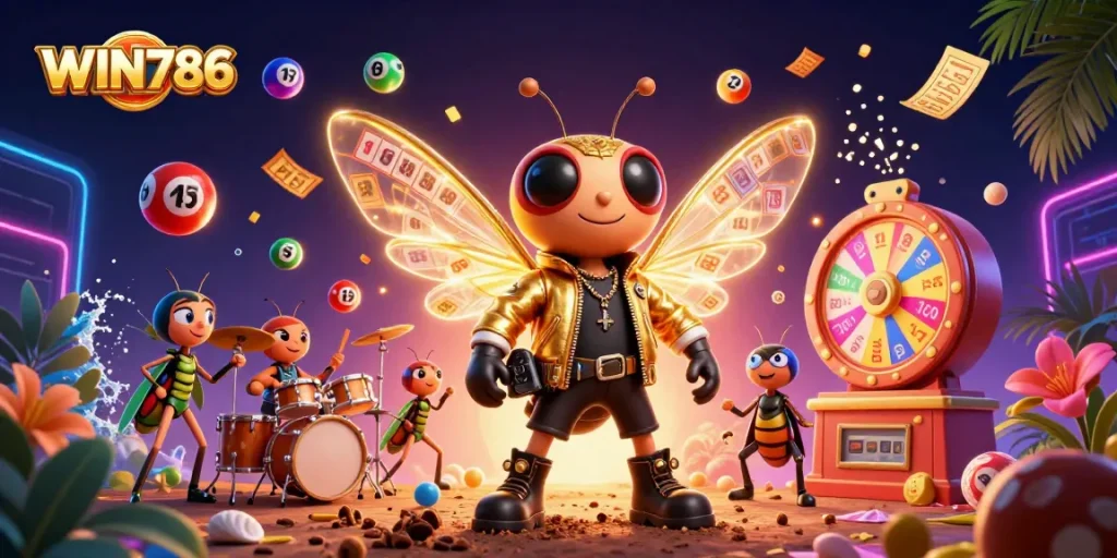 WIN786 engaging players with vibrant 3D casino scene full of lottery balls and exciting game elements.