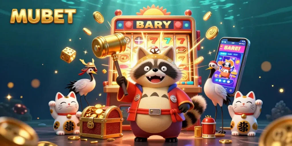 MUBET engages players with festive tanuki and lucky symbols in this vibrant casino illustration.