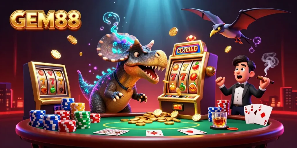 GEM88 presents a thrilling 3D casino scene with vibrant characters and dynamic slot gaming action.