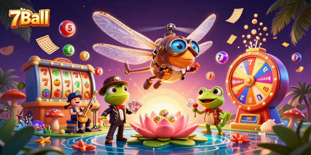 Experience the excitement of 7Ball with a dynamic casino scene and vibrant game elements.
