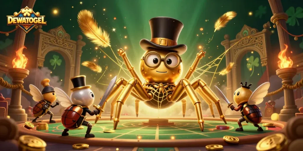 Engage with DEWATOGEL's thrilling casino adventures featuring a golden tarantula and brave beetle knight.