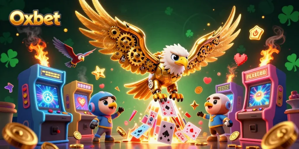 Experience thrilling gameplay with Oxbet's dynamic casino gaming scene, featuring a cybernetic eagle and holographic cards.