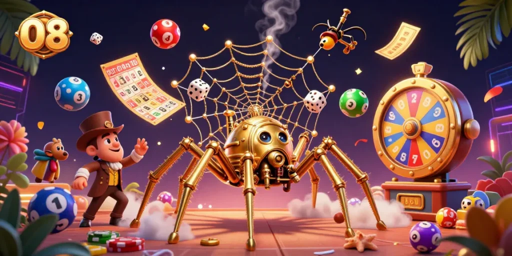 Engage with O8 betting excitement in this vivid, 3D casino-themed illustration showcasing a golden spider crafting luck with colorful lottery elements.