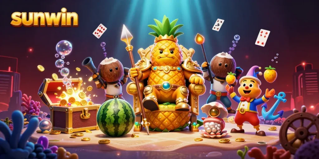 Experience sunwin's exciting gambling atmosphere with vibrant casino elements in a dynamic 3D scene.