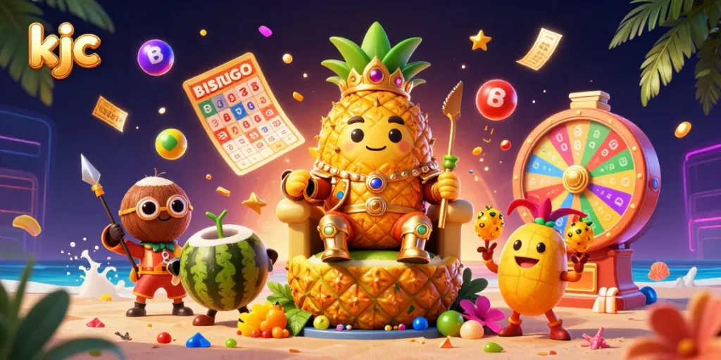 Engage in thrilling games at KJC, highlighted by the golden pineapple king amidst vibrant casino elements.