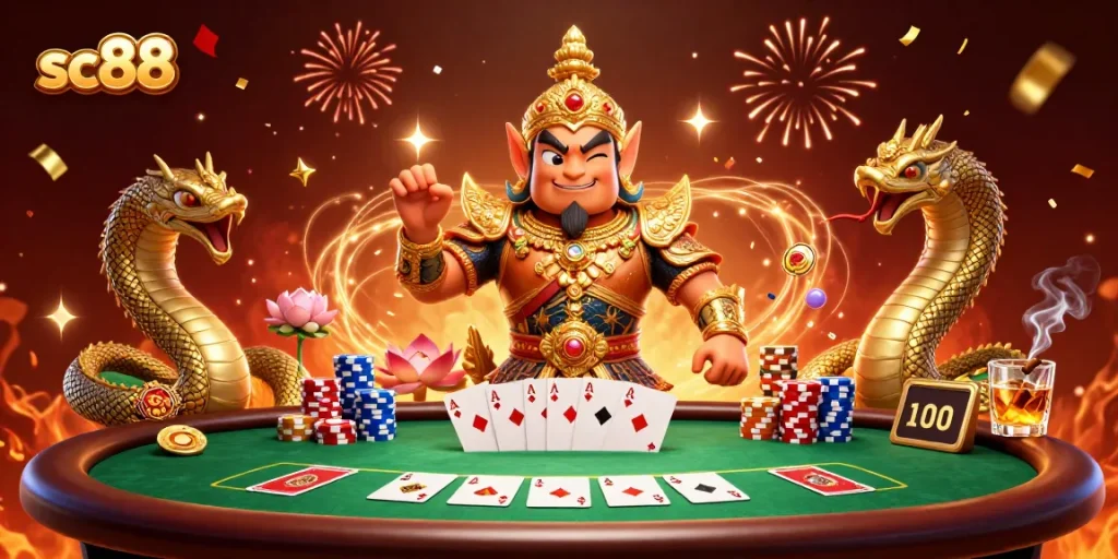 Engage with sc88's exciting poker scene featuring the yaksha guardian, poker chips, and celebratory elements.