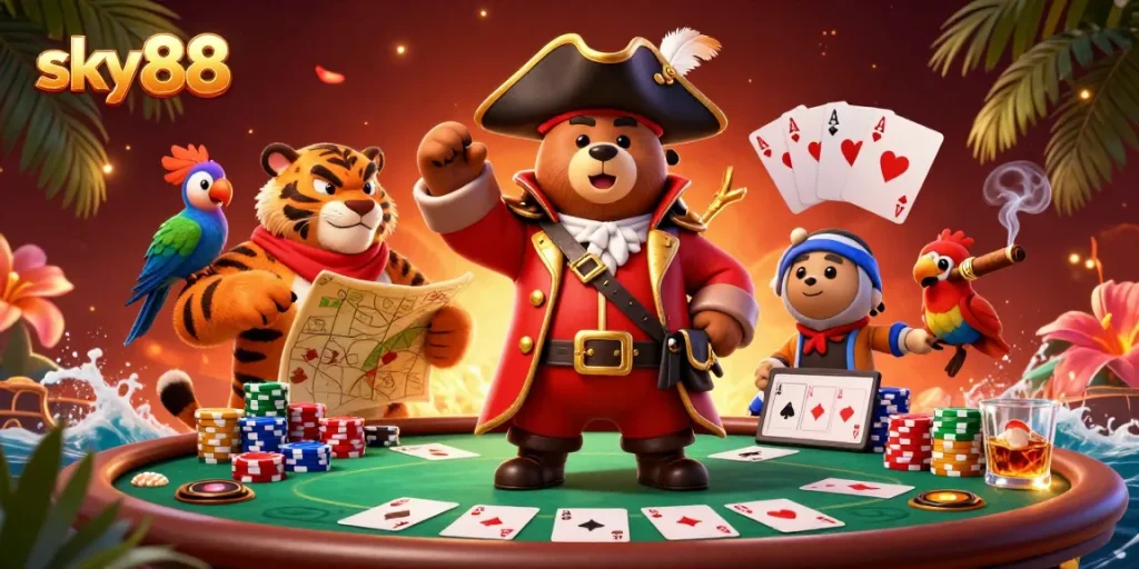 Engage in thrilling games at sky88 Casino, featuring a vibrant poker scene with colorful chips and characters.
