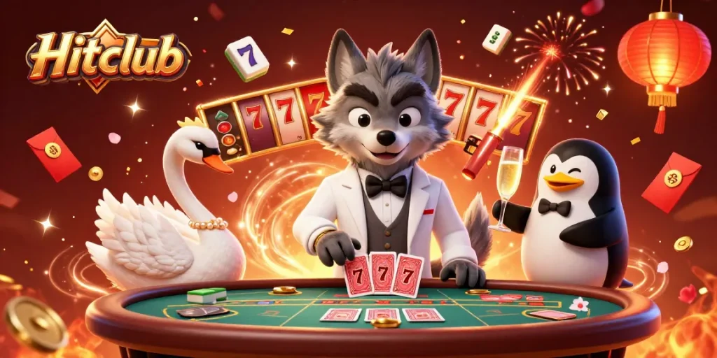 Experience thrilling slots action at Hitclub with a dynamic illustration featuring lively characters.