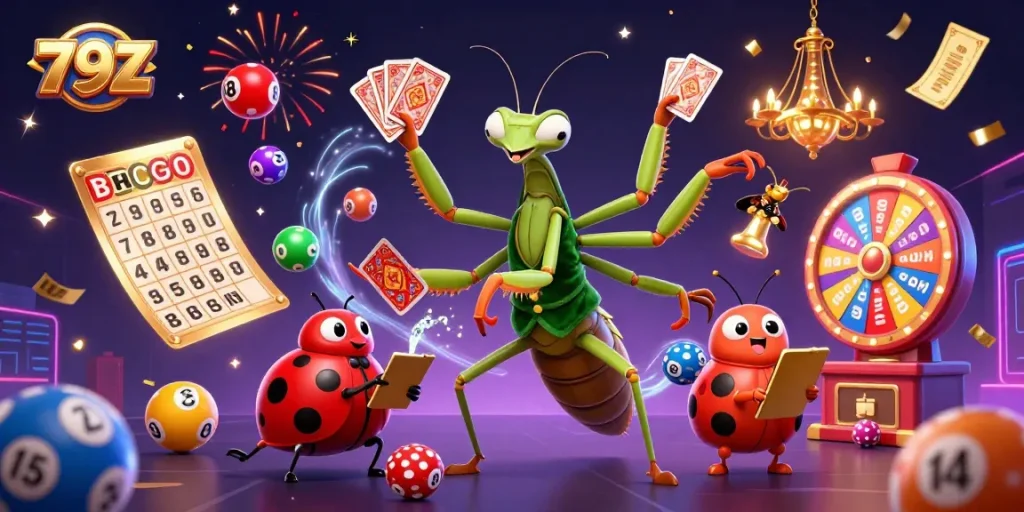 Experience thrilling gameplay at 79Z with a vibrant casino scene, showcasing a giant mantis dealer and ladybug pit boss.