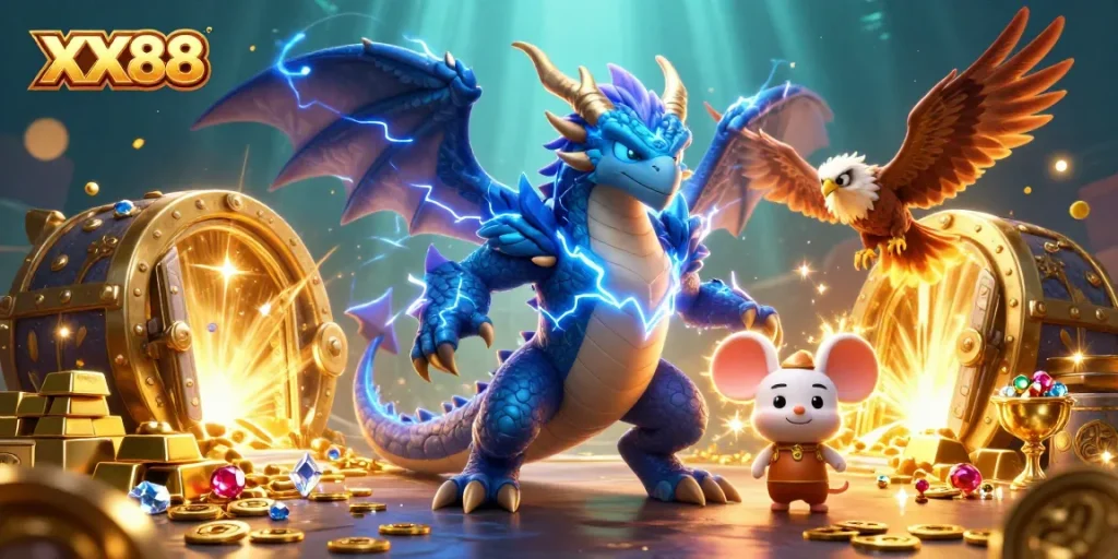 Engage in thrilling gameplay at XX88 with thrilling dragons & gems in this vibrant illustration.